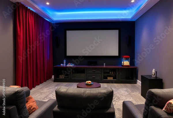 Fototapeta Luxurious Home Theater with Ambient LED Lighting and Plush Seating
