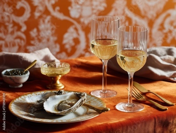Obraz Luxurious table setting featuring oysters, caviar, and wine glasses on an elegant tablecloth, evoking a sense of refinement.