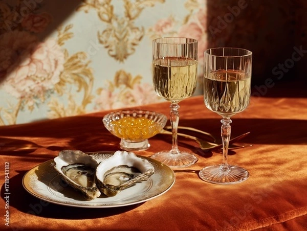 Fototapeta Luxurious setup with oysters and champagne on a rich orange tablecloth enhances a sophisticated dining experience.