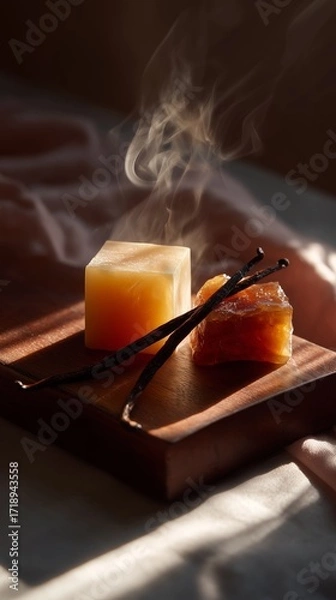 Obraz Artisan soap block with steaming vanilla pods and amber resin, creating a warm, serene ambiance on a wooden surface.
