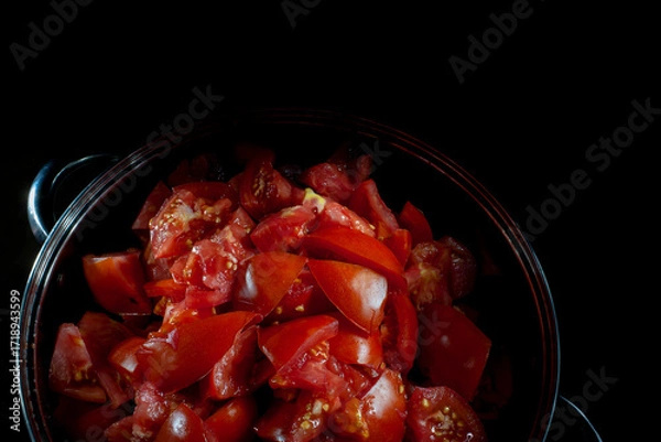 Fototapeta Sliced ​​tomatoes for making juice.
A large stainless steel saucepan filled with washed and sliced ​​bright ripe red tomatoes for tomato juice on a dark background.