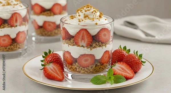 Fototapeta A beautiful and appetizing shot of a strawberry and cream dessert with a cookie crumb topping