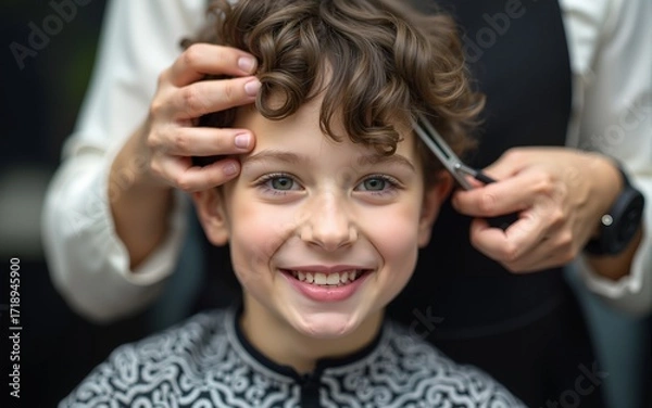 Obraz Head shot of a smiling little boy sitting in barber shop while hairdresser cutting his hair with scissors. High quality