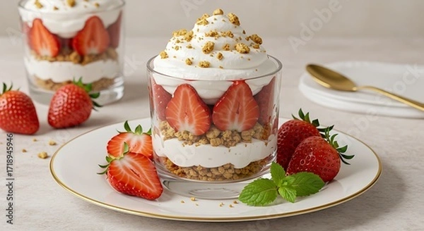 Fototapeta A beautiful and appetizing shot of a strawberry and cream dessert with a cookie crumb topping