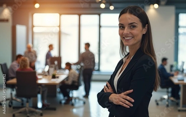 Obraz A businesswoman is standing at the office and welcoming people while her team working in blurry background. High quality
