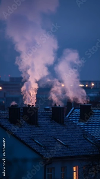 Fototapeta Winter rooftops emit warm smoke against a twilight sky, capturing the essence of a cozy urban evening atmosphere.
