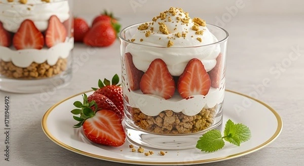 Fototapeta A beautiful and appetizing shot of a strawberry and cream dessert with a cookie crumb topping