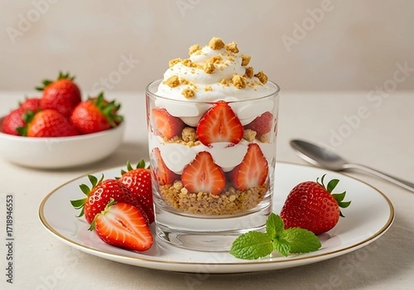 Fototapeta A beautiful and appetizing shot of a strawberry and cream dessert with a cookie crumb topping