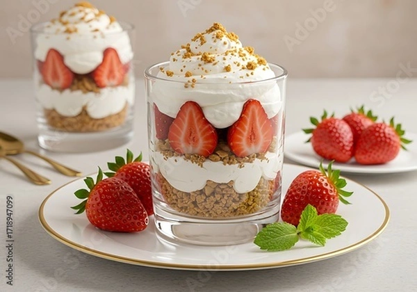 Fototapeta A beautiful and appetizing shot of a strawberry and cream dessert with a cookie crumb topping
