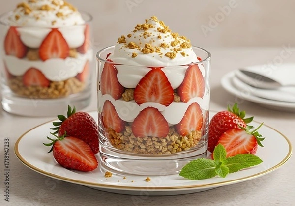 Fototapeta A beautiful and appetizing shot of a strawberry and cream dessert with a cookie crumb topping
