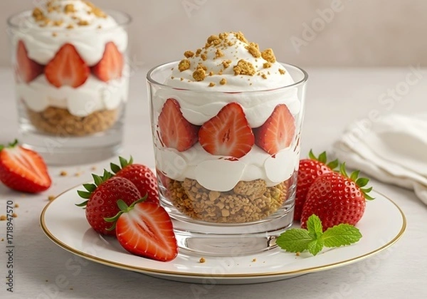Fototapeta A beautiful and appetizing shot of a strawberry and cream dessert with a cookie crumb topping