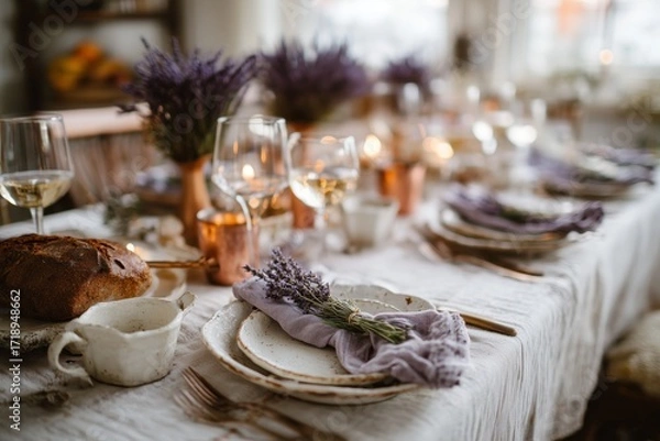 Obraz A beautifully set dining table with lavender accents, candles, wine glasses, and rustic elements creating a cozy atmosphere.