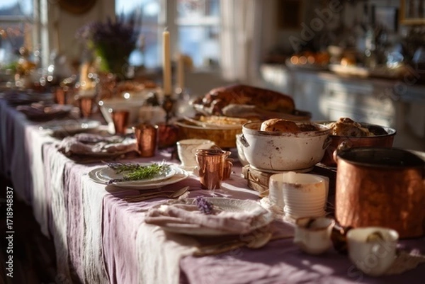 Fototapeta An elegantly set holiday table with rustic decor, featuring dishes, copper accents, and soft lighting for a cozy atmosphere.