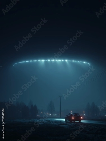 Fototapeta A solitary car beneath a massive, illuminated UFO in a dark, eerie landscape, creating a haunting sci-fi atmosphere.
