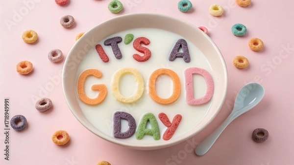 Fototapeta Colorful Cereal Spelling "It's a Good Day" in Milk Bowl
