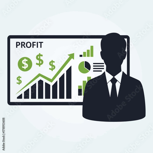 Fototapeta Vector art of silhouette of a businessman standing next to a digital screen displaying a profit graph with dollar signs and charts, symbolizing financial growth and success
