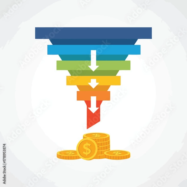 Fototapeta Vector art of sales funnel with coins at the bottom, representing lead conversion into revenue