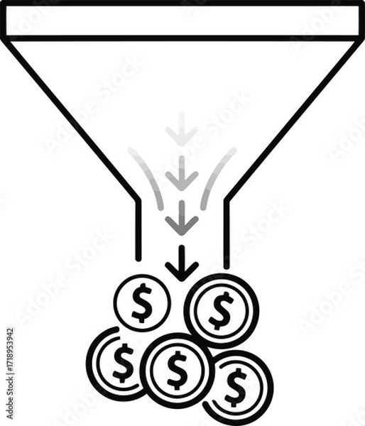Fototapeta Vector art of line art icon of a sales funnel with coins dropping out, symbolizing lead generation and sales process