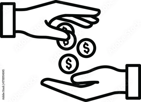 Fototapeta Vector art of line art icon of hands exchanging coins, representing financial transaction, payment, or donation