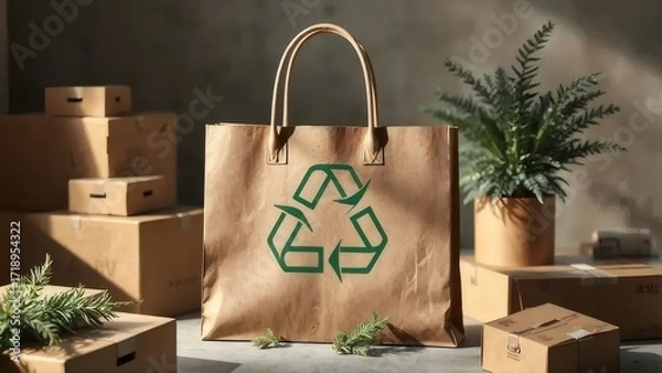 Obraz リサイクルマークの付いた茶色のショッピングバッグとカートンボックス