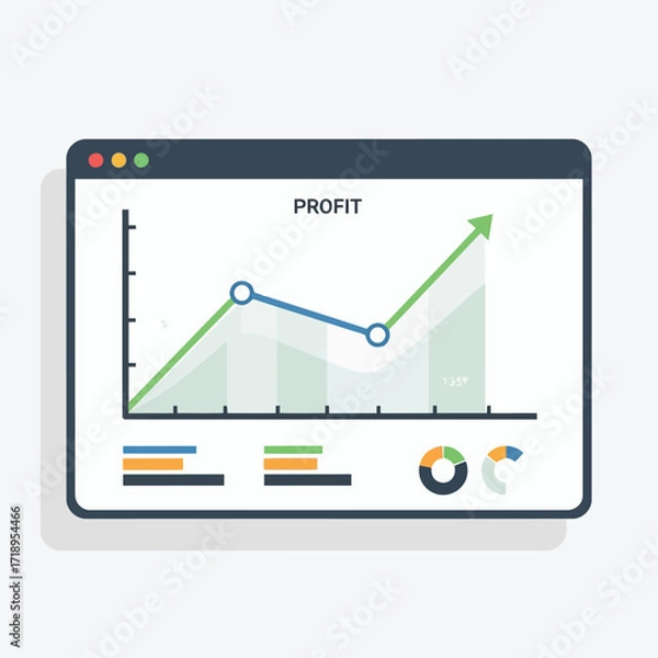 Fototapeta Vector art of computer screen displaying a profit growth chart with bars and a line graph, indicating positive financial performance