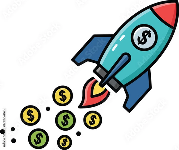 Fototapeta Vector art of rocket launching with coins flying out, symbolizing startup growth and financial success