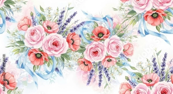 Obraz Delicate watercolor floral pattern featuring roses lavender and poppies on a light background