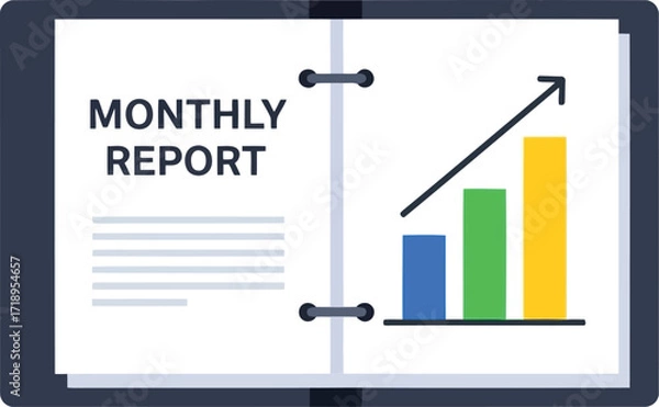 Fototapeta Vector art of open binder showing a monthly report with text and a colorful bar graph indicating upward trend
