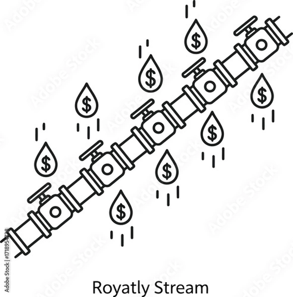 Fototapeta Vector art of line art illustration of a pipe with valves and dollar signs dripping, symbolizing a royalty stream