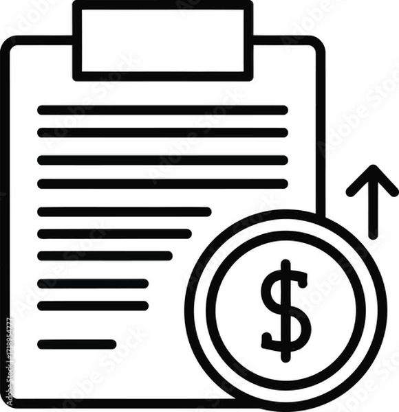 Fototapeta Vector art of line art icon of a document or report with a coin showing a dollar sign and an upward arrow, symbolizing financial growth