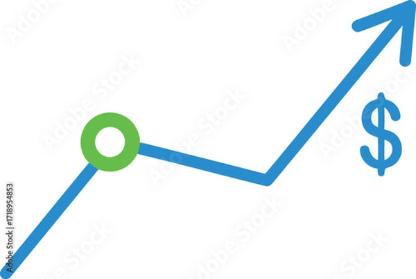 Fototapeta Vector art of blue line graph showing upward trend with a green circle marker and a dollar sign