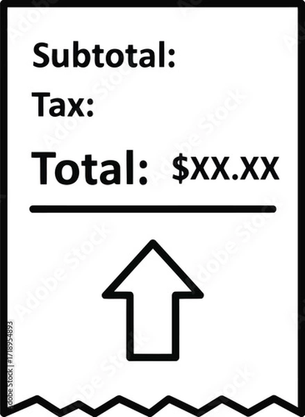 Fototapeta Vector art of a receipt with subtotal, tax, and total amounts, with an upward arrow indicating an increase in price