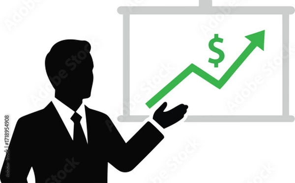 Fototapeta Vector art of silhouette of a businessman presenting a financial chart showing dollar growth with an upward arrow on a whiteboard