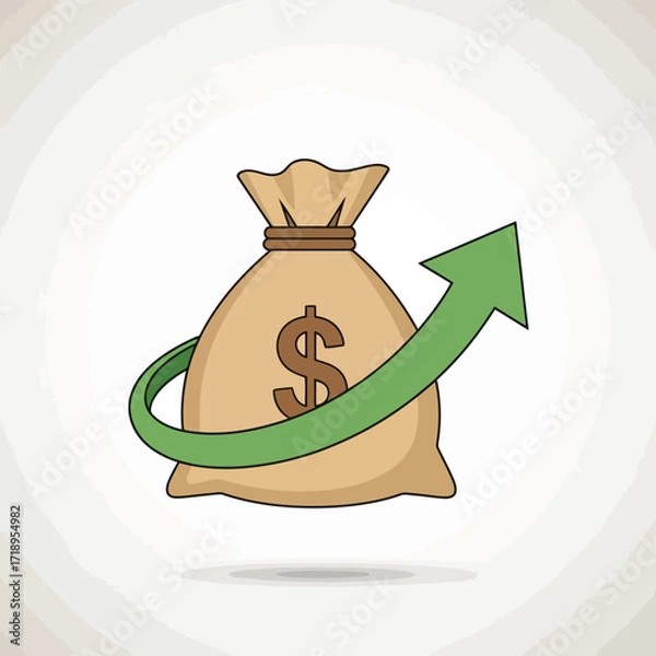 Fototapeta Vector art of a money bag with a dollar sign and a green upward arrow indicating financial growth, set against a gradient background