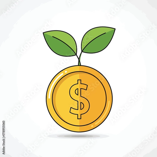 Fototapeta Vector art of a gold coin with a dollar sign and two green leaves sprouting from it, symbolizing financial growth and investment