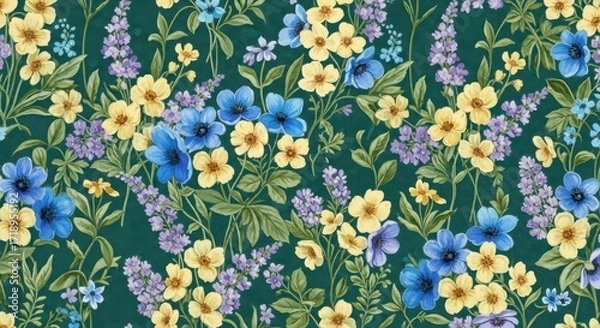 Obraz Vibrant meadow floral pattern seamless repeating background texture with wildflowers and greenery
