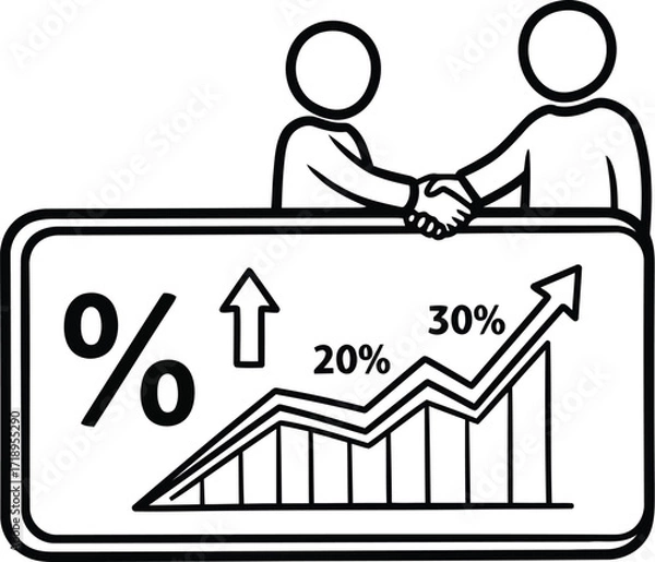 Fototapeta Vector art of two people shaking hands above a business chart showing percentage growth, symbolizing agreement and financial success