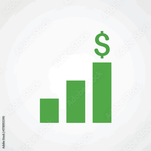 Fototapeta Vector art of a simple green bar chart showing increasing heights, topped with a dollar sign, symbolizing financial growth, profit, and economic success