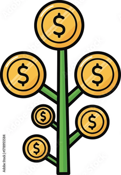 Fototapeta Vector art of money tree with gold coins and dollar signs