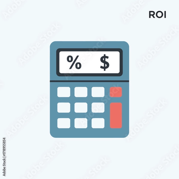Fototapeta Vector art of calculator with roi text, percentage and dollar sign on screen isolated on light blue background