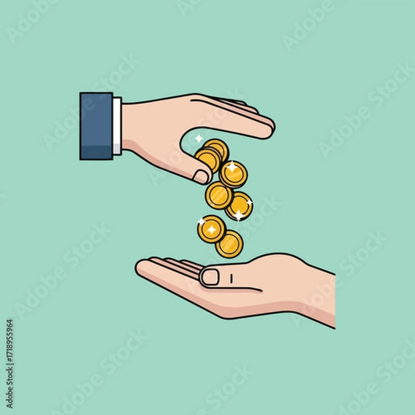 Fototapeta Vector art of hand giving gold coins to another hand, symbolizing donation, payment, or financial transaction