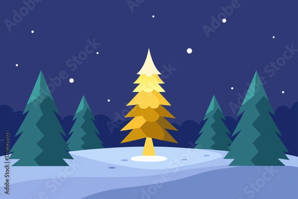 Fototapeta A vector illustration of a winter landscape with snow-covered trees and a decorated Christmas tree for the holiday season
