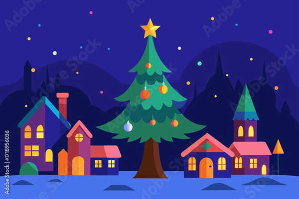 Fototapeta A magical Christmas night scene with a snow-covered house and a festive tree under a starry winter sky