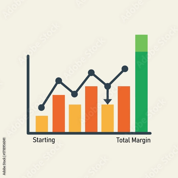 Fototapeta Vector art of bar and line graph illustrating business performance from starting point to total margin with an arrow indicating a decrease