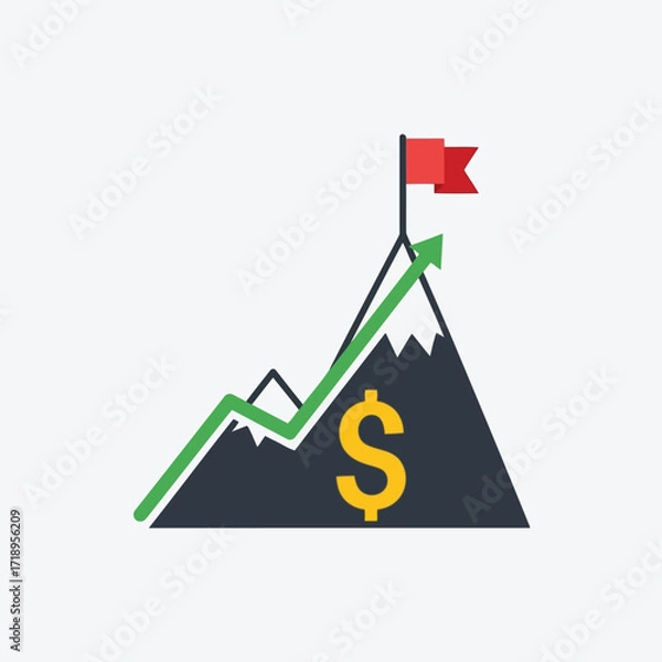 Fototapeta Vector art of mountain peak with a red flag and a growing green arrow indicating financial success and profit, symbolizing business growth