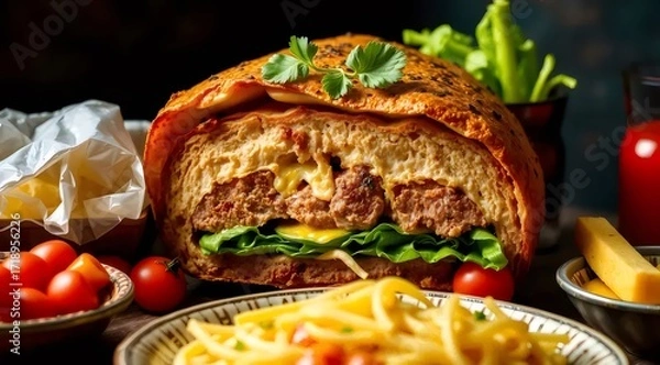 Obraz 断面が魅力的な丸いパンに挟まれたお肉と野菜のサンドイッチ