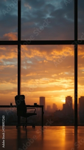 Obraz Sunset view through office window highlights silhouette of chair and desk, creating a tranquil and inspiring workspace atmosphere.