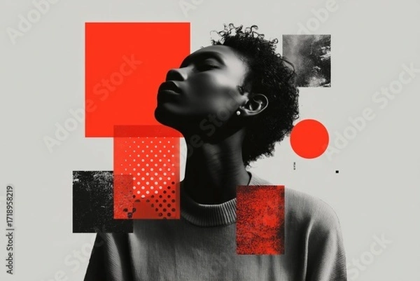 Obraz Dynamic black and white portrait with vibrant red geometric shapes conveying a stylish and artistic contemporary expression.