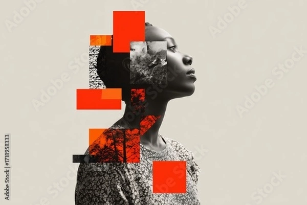 Fototapeta Profile of a woman combined with bold geometric shapes and textures, creating a striking contemporary art piece.