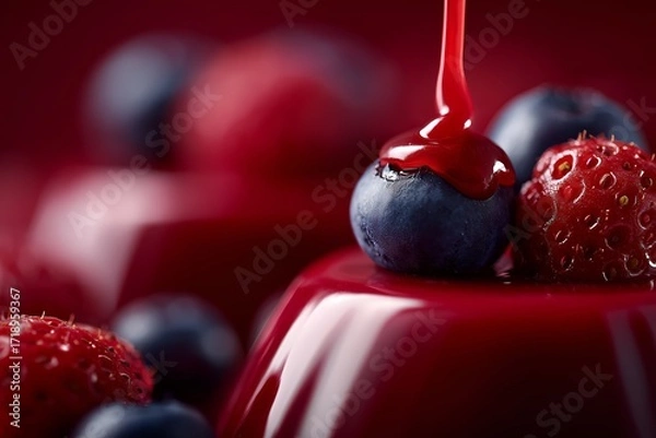 Fototapeta Close-up of a vibrant red dessert topped with fresh blueberries, strawberries, and glossy red sauce for a tempting presentation.